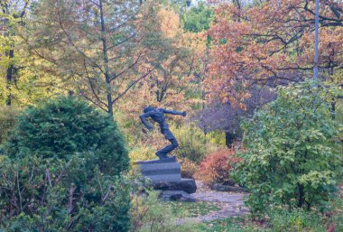 Parkta bir sonbahar günü. Ağaçlarda sarı, kırmızı ve kahverengi yapraklar var. Yapraklar yerde yatıyor..