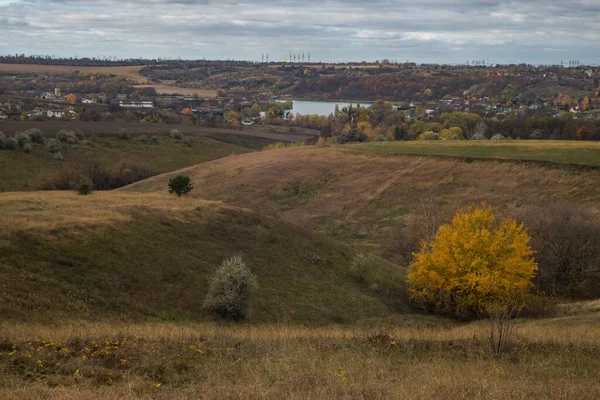 stock image Panoramic view of yellow trees, a wooden hut and the river on an autumn cloudy day.