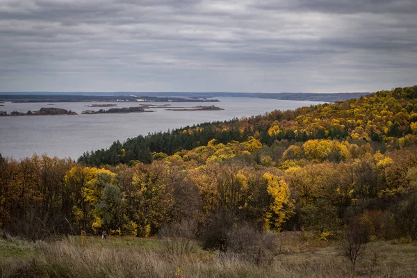 Panoramic View Yellow Trees Wooden Hut River Autumn Cloudy Day — Stock Photo, Image