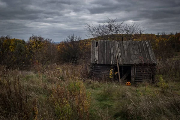秋天多云的日子里 木屋和河流的全景 — 图库照片