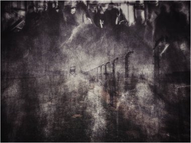 Auschwitz toplama kampındaki işkence görmüş mahkûmların hayaletleri. Toplama kampında yaşlı erkek, kadın ve çocukların siluetleri işkence gördü ve öldürüldü..