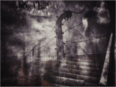 Auschwitz toplama kampındaki işkence görmüş mahkûmların hayaletleri. Toplama kampında yaşlı erkek, kadın ve çocukların siluetleri işkence gördü ve öldürüldü..