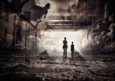 Auschwitz toplama kampındaki işkence görmüş mahkûmların hayaletleri. Toplama kampında yaşlı erkek, kadın ve çocukların siluetleri işkence gördü ve öldürüldü..