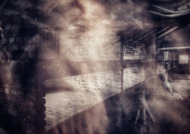 Auschwitz: ölüm kampı. Auschwitz toplama kampındaki işkence görmüş mahkûmların hayaletleri. Toplama kampında yaşlı erkek, kadın ve çocukların siluetleri işkence gördü ve öldürüldü..