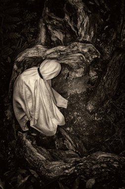 Beyaz bir battaniyeye sarılı bir insanın monokromatik görüntüsü doğanın bir arka planına karşı..