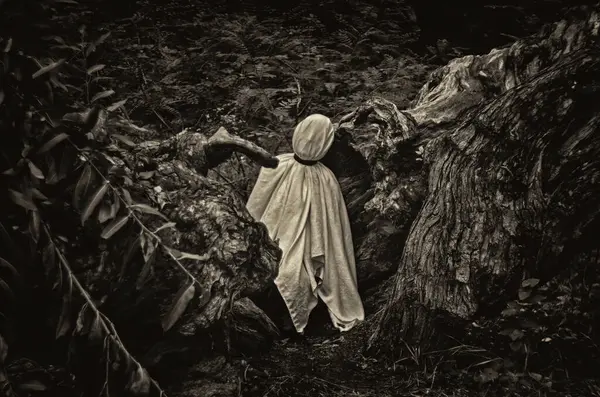 A monochromatic image of a person draped in a white blanket against a backdrop of nature.