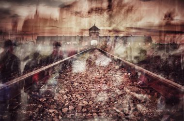 The ghosts of the tortured prisoners of the Auschwitz concentration camp go to the concentration camp. clipart