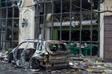 Kyiv, Kyiv bölgesi Ukrayna-20.20.2024: Rusya 'nın Kyiv' e düzenlediği askeri saldırının sonuçları. Düşmanın başkenti balistik füzeler ve insansız hava araçlarıyla bombaladığı biliniyor..
