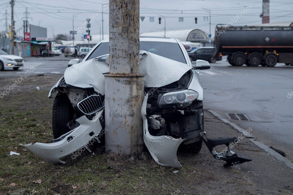The car was involved in an accident, hitting a pole at high speed.