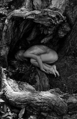 Kadın ağaç kökleri arasında cenin pozisyonunda, doğa ve yeniden doğuşu sembolize ediyor..