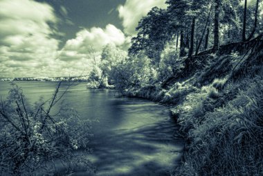 Ağaçlar, nehir, gökyüzü ve gölgelerle kızıl ötesi orman manzarası