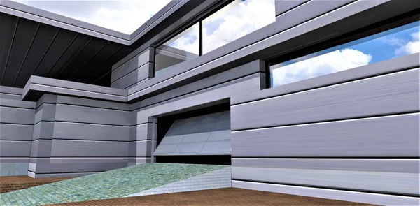 Opening aluminum gates to the garage of modern suburban housing. Horizontal metal panels as a facade finishing material. Brown brick pavement. 3d rendering.