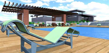 Celadon renginde güneş şezlongu. Açık havuzun yanındaki ahşap güvertede çinko bir ceset var. Turizm sektöründeki eğilimlerle ilgili yayınlar için mükemmel bir pankart. 3d oluşturma.