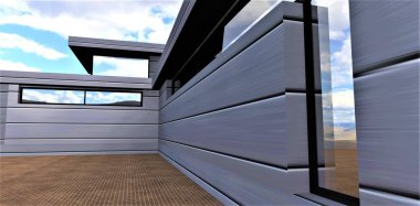 Modern özel konut cephesinde alışılmadık bir köşe aynası penceresi. Duvarlar, çinko tabakayla kaplanmış poliüretan köpüğüne dayalı kompozit panellerle tamamlanmış. 3d oluşturma.