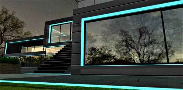 夜空の光の中で郊外のエリート住宅の窓のアーチのためのターコイズ色の照明 現代の外部技術に関する出版物のための素晴らしいバナー 3Dレンダリング — ストック写真