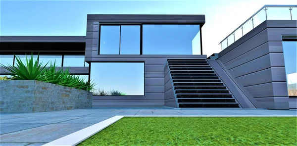 2階のテラスへの優雅なデザイナー階段 ガラスパネルフェンス 緑の芝生は白い境界線に囲まれています 背景に明るい太陽 3Dレンダリング — ストック写真