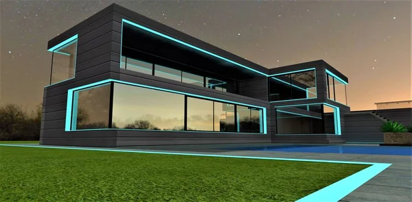 Turquoise night illumination of borders and facades of technological housing of the future. Spacious lawn and endless night sky. 3d rendering.