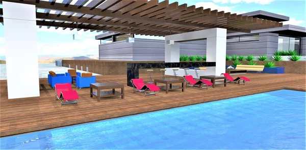 Wonderful layout of outdoor furniture in a cozy patio on a terrace board near an elite country house. The steps are visible through the clear water in the pool. 3d rendering.