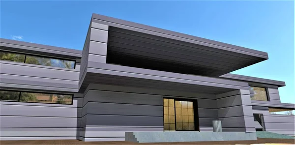 Vista Inferior Elegante Alpendre Frontal Uma Casa Inovadora Acessível Viseira — Fotografia de Stock
