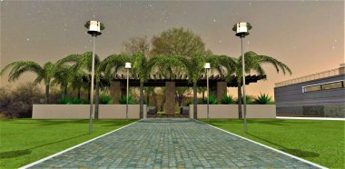 Gece yıldızlı gökyüzünün altındaki çarpıcı verandanın yanındaki yeşil çimenlikte beyaz kaldırımlı doğal granit taşlarla döşenmiş yürüyüş yolu. 3d oluşturma.
