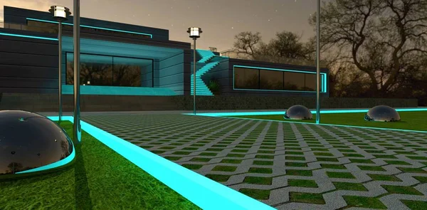 Walkway Illuminated Curb Lawn Garden Private Contemporary Dwelling Steel Balls — Stock Photo, Image