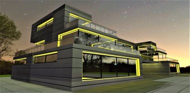 Yıldızlı akşam gökyüzünün altında çağdaş özel evin dış görünüşünün sarı ışıkla aydınlatılması seçeneği. 3d oluşturma.