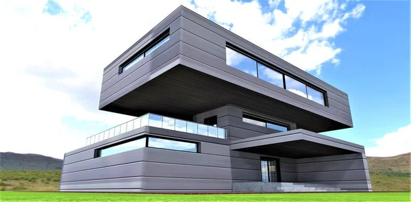 Futuristiskt Hus Med Stilren Veranda Med Horisontella Aluminiumpaneler Med Energieffektivt — Stockfoto