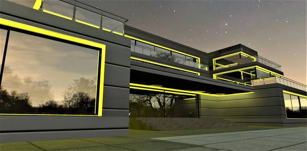 用黄色照亮的门廊 站在市郊的生态清洁区 3D渲染 — 图库照片