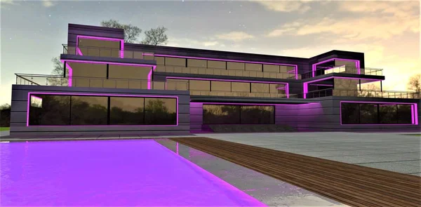 Stunning pool in front of contemporary club house illuminated with purple LED stripe in the evening. 3d rendering.