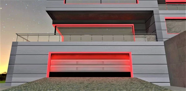 Climb up a concrete ramp covered with granite cobblestones to a garage inside a luxury newly built cottage lit up in red for evening decor. 3d rendering.