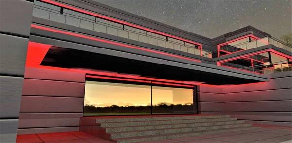 Вхід Елітну Заміську Будівлю Вночі Індивідуальний Проект Освітлення Фасаду Червоним — стокове фото