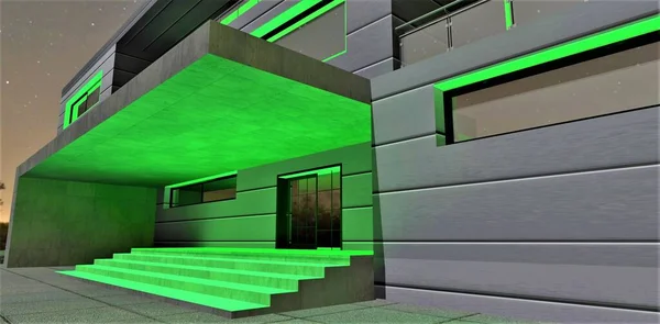Zielony Kolor Oświetlenie Jako Dekoracja Nocy Betonowej Werandy Prywatnego Elitarnego — Zdjęcie stockowe