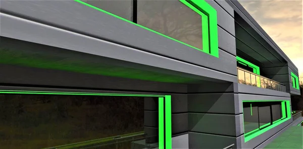 Lighting in green looks great on the facade of aluminum panels. The building looks great at night, attracting the attention of the owner or potential client to buy real estate. 3d rendering.