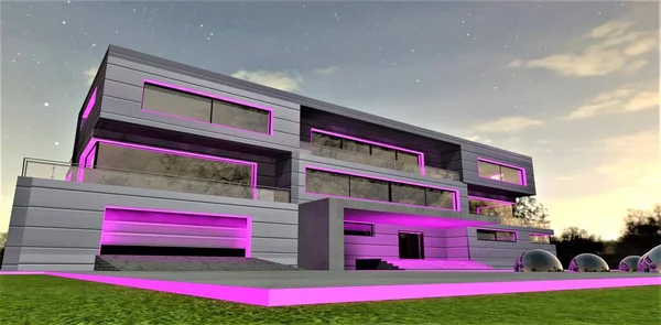 Pink color lighting of the facade of a modern house. An exclusive project in a futuristic style. A good idea for a real estate designer thesis. 3d rendering.
