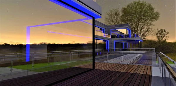Синій Колір Освітлення Приватної Заміської Будівлі Скляним Фасадом Вночі Екологічна — стокове фото