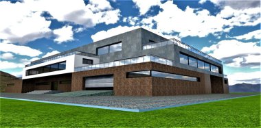 Banliyö elit malikanesinin inanılmaz mimari projesi. Eski kahverengi tuğla ve betonla birleştirilmiş. Garajın girişindeki sulu yeşil çayır. 3d oluşturma.