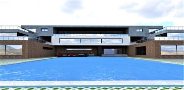 Seçkin bir evin avlusundaki havuzun maviliği özellikle özel reaksiyonlarla tedavi edildikten sonra hissedilir. 3d oluşturma.