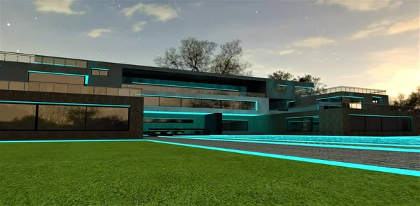 Exklusiv Design Belysning Fasaden Ett Hus Landet Med Pool Med — Stockfoto