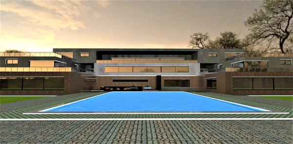 Nachtbeleuchtungskonzept Für Ein Exklusives Landgut Mit Schwimmbad Das Haus Sieht — Stockfoto