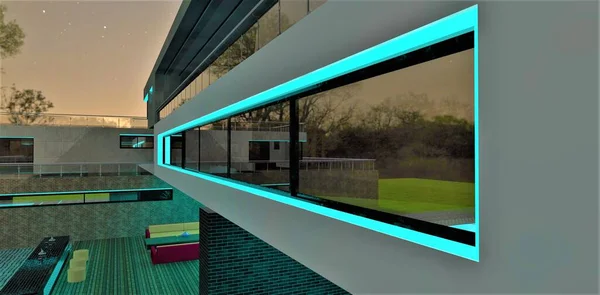 Design Exclusive Long Window Turquoise Lighting Perimeter Night Downstairs Bar — Stock Photo, Image