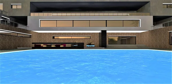 Wasser Plätschert Auf Der Oberfläche Des Pools Innenhof Eines Schicken — Stockfoto