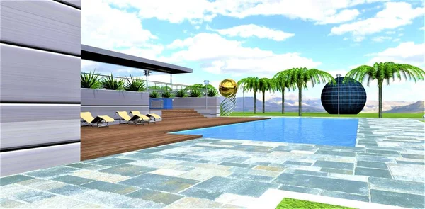 Flooring Zoning Design Sides Pool Courtyard Advanced Estate Terrace Board — Stock Photo, Image