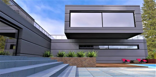 Monolithic Concrete Staircase Courtyard Elite Country Estate Wall Decoration Horizontal — Stock Photo, Image