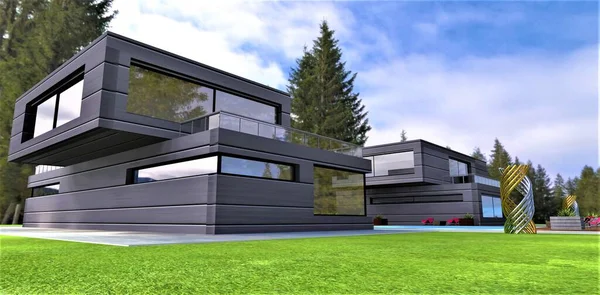 Renderização em 3d de uma casa moderna com fachada escura. casa com janelas  panorâmicas e terraço. tijolo