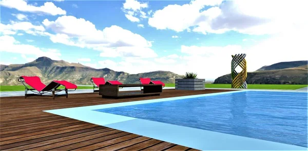 Recreation area near the pool on the territory of the hotel high in the mountains. A few red lounge chairs to relax the body. Decking and green meadow. 3d rendering.