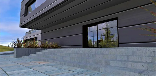 A successful combination of concrete steps of the porch and aluminum finishing of the facade of a modern technological building built using green technologies. 3d rendering.