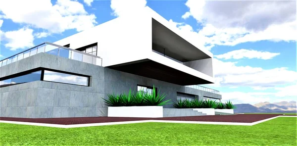 Hermosa Casa Campo Prado Verde Bajo Cielo Nublado Diseño Contemporáneo — Foto de Stock