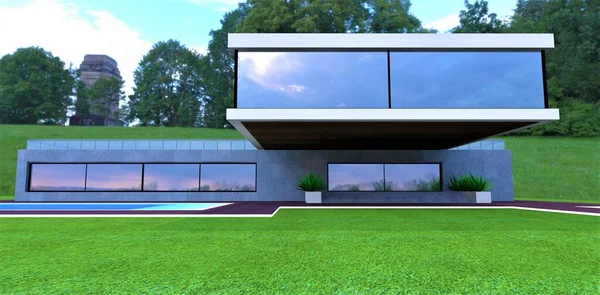 Uma Casa Futurista Avançada Eco Parque Verão Piso Console Irreal — Fotografia de Stock