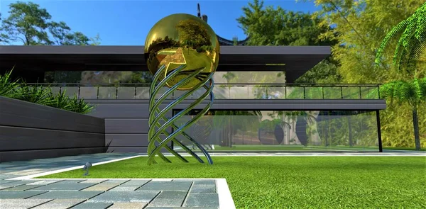 Amazing Installation Made Gold Chrome Grass Cozy Green Park Territiry — Stock Photo, Image