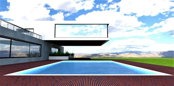 独占设计的豪华别墅与游泳池在山区 红砖铺路 控制台二楼 全景镜窗 3D渲染 — 图库照片